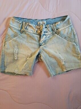 Diva Star Light Blue Embelled Raw hem Shorts.